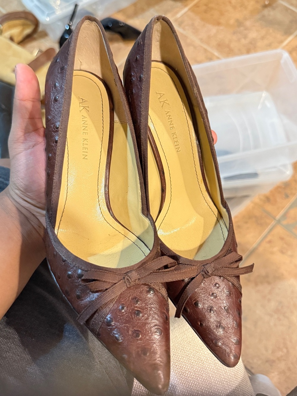 Anne Klein Chocolate Brown Pointed-Toe Leather Pumps with Bow